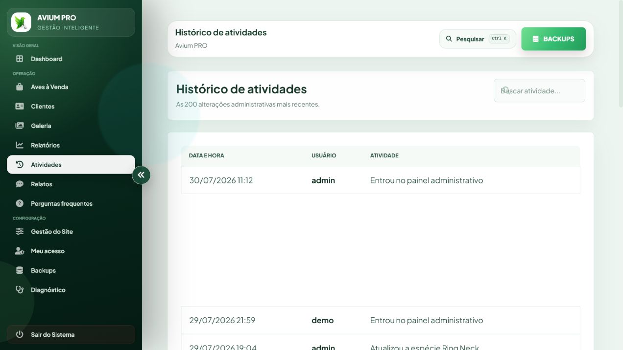 Histórico real de atividades administrativas