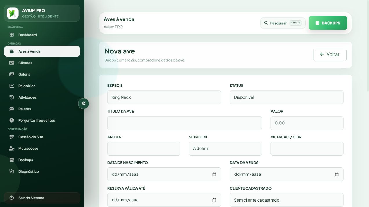Formulário real para cadastrar uma nova ave