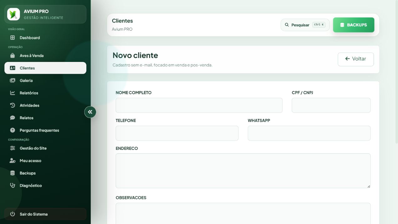 Formulário real e vazio para cadastrar cliente