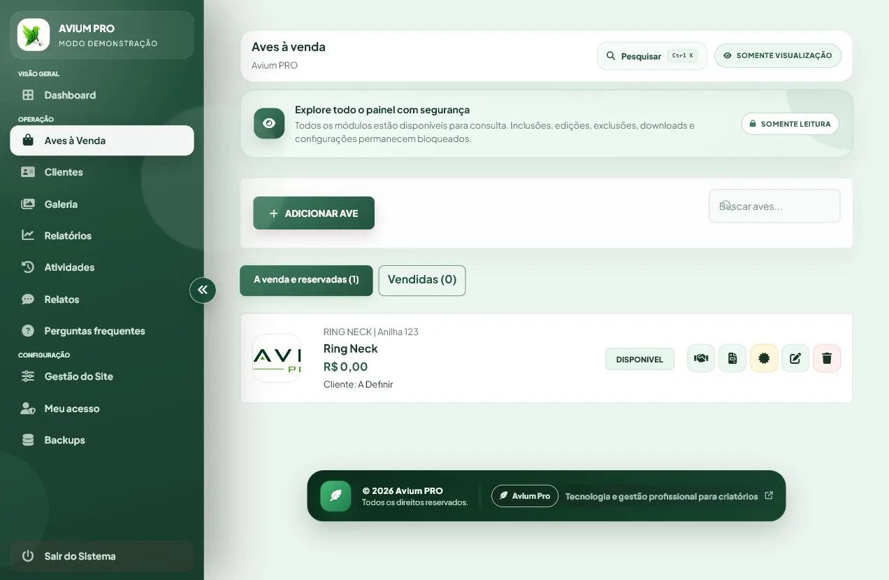 Tela real de Aves à Venda do Avium Pro com anúncio e botões de ação