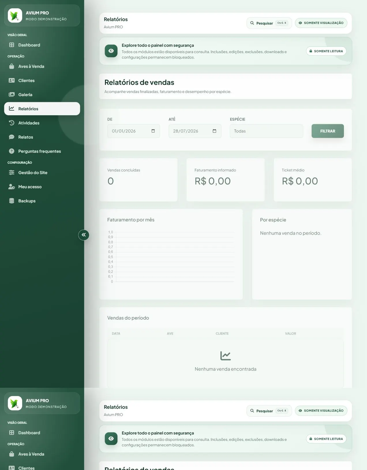 Tela real de Relatórios do Avium Pro com filtros e indicadores financeiros